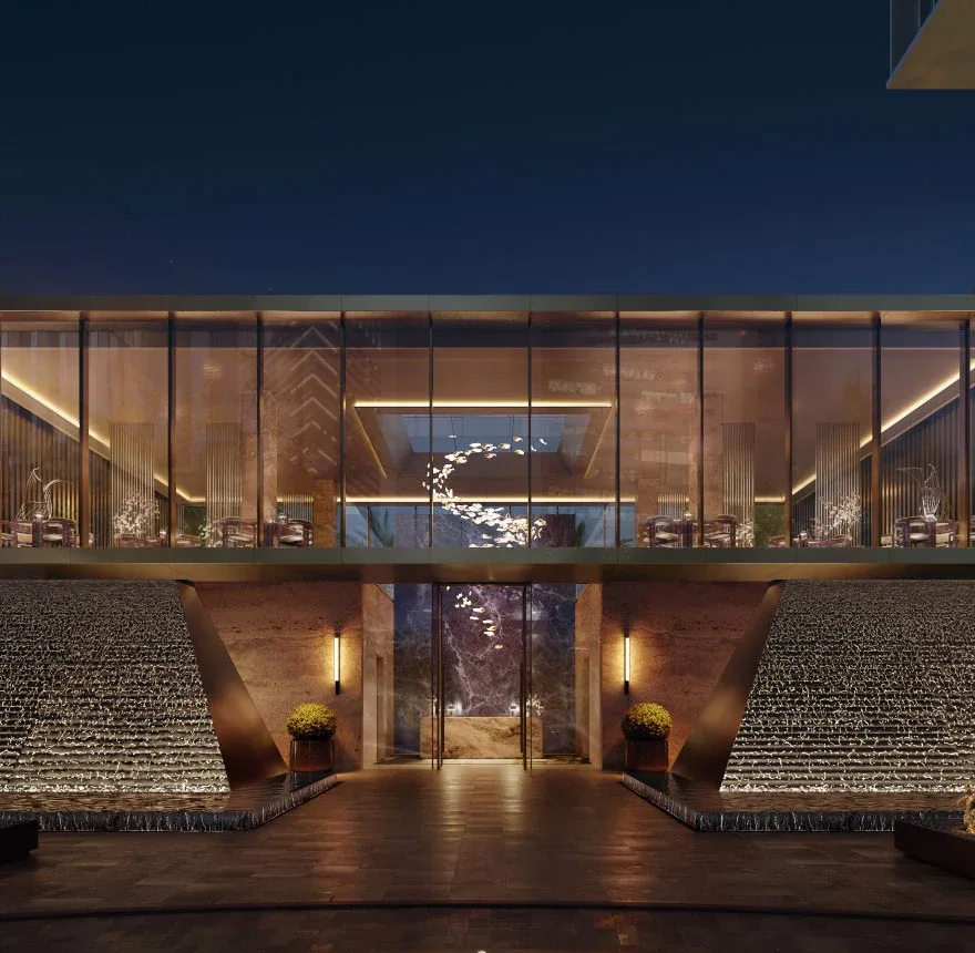 Jumeirah Residences Emirates Towers: Illuminated entrance framed by water features; official developer rendering