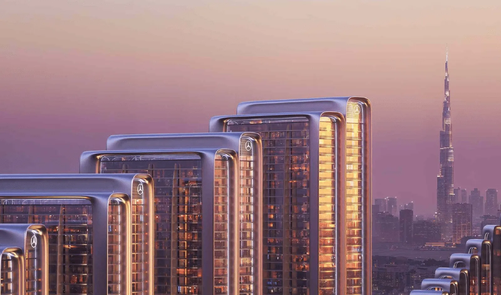 Mercedes-Benz Places Binghatti City: stepped tower rooftops against the dubai skyline — rendering