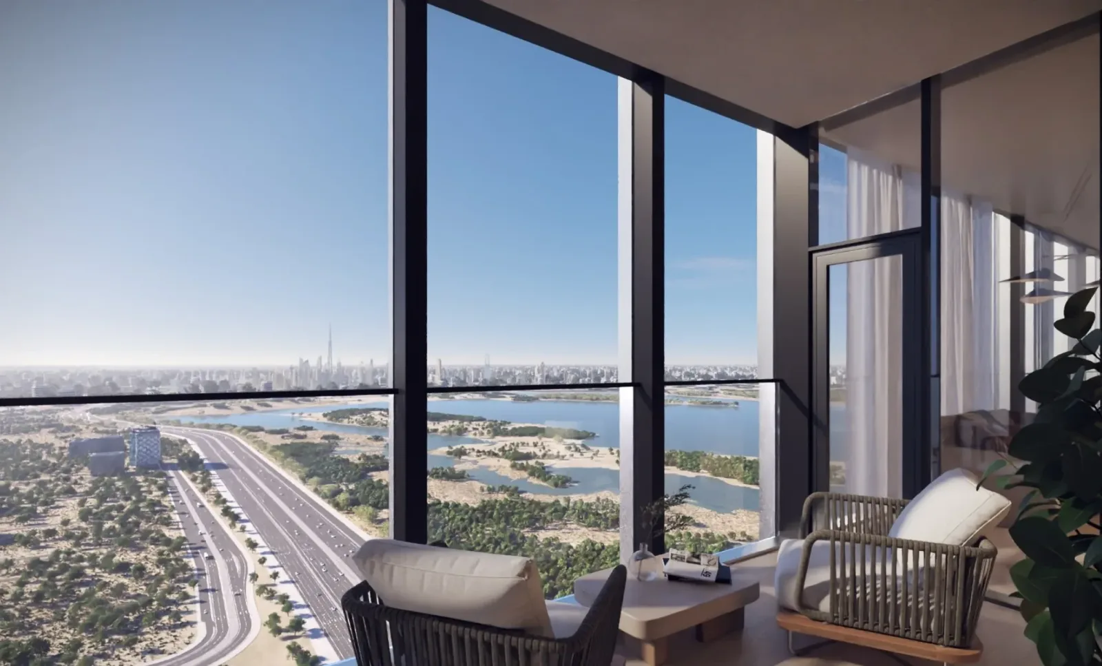 Balcony seating with an elevated view across the surrounding landscape; official developer rendering