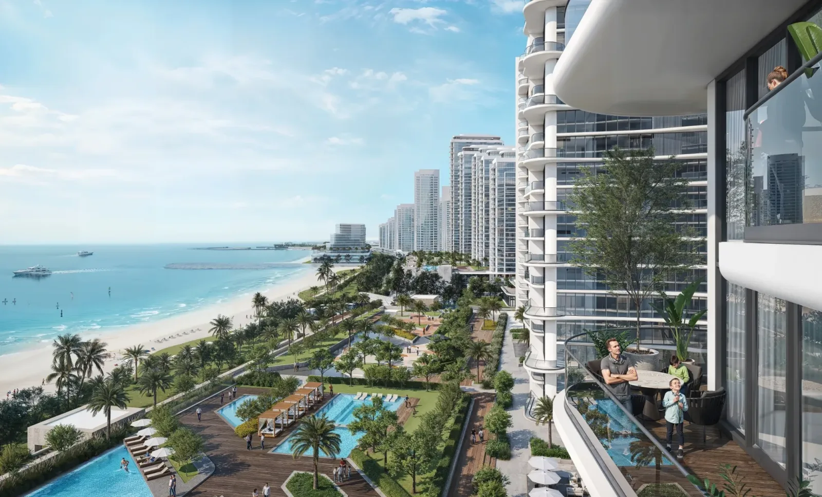 Balcony overlooking landscaped pools, the beach and the shoreline; official developer rendering