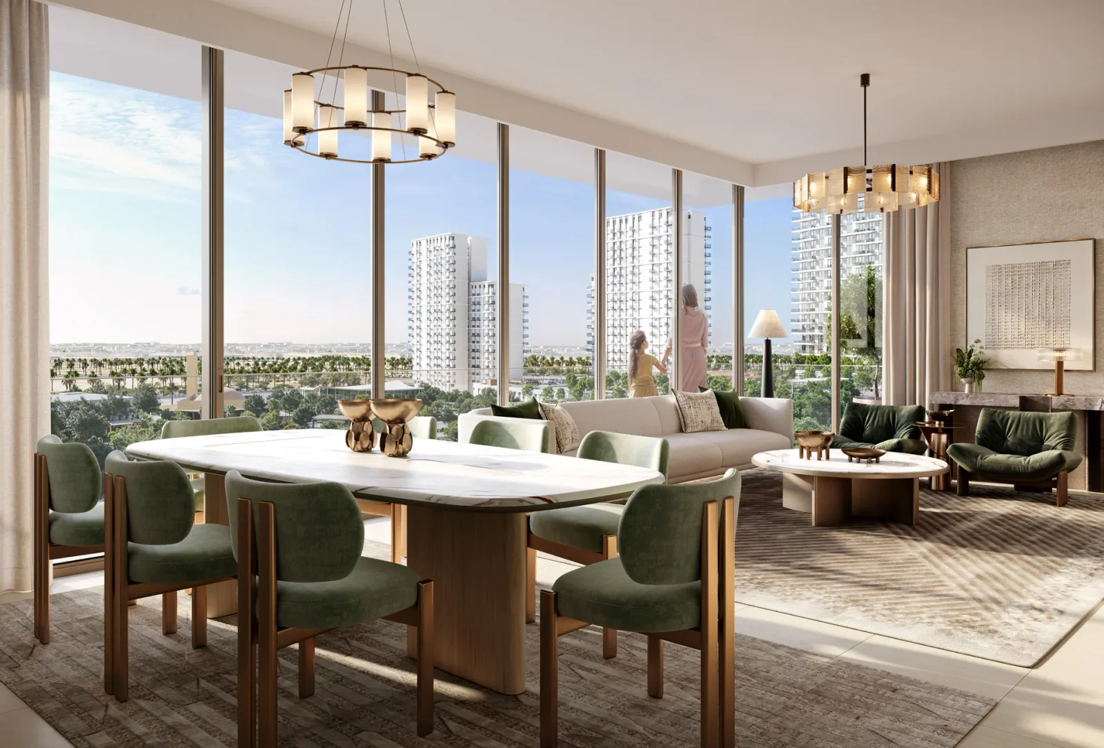 Palace Residences Hillside: dining and living area with full-height windows — developer rendering