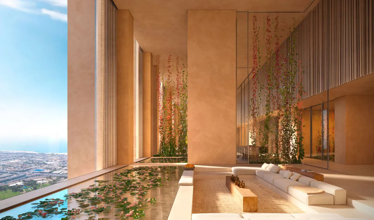 Muraba Veil: shaded terrace with greenery and seating — rendering