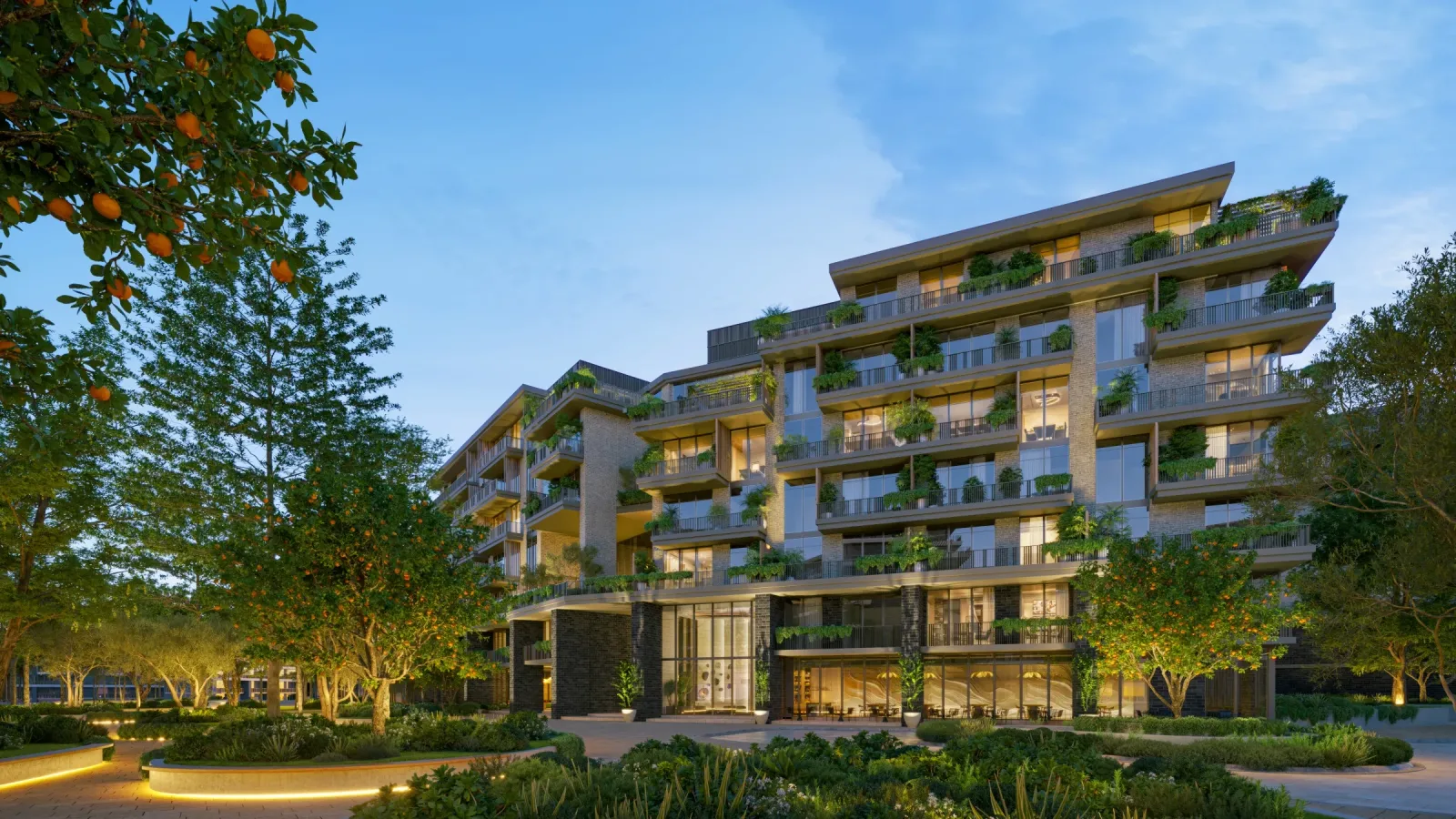 Arancia Yards: Residential facade with planted balconies at dusk; official developer rendering