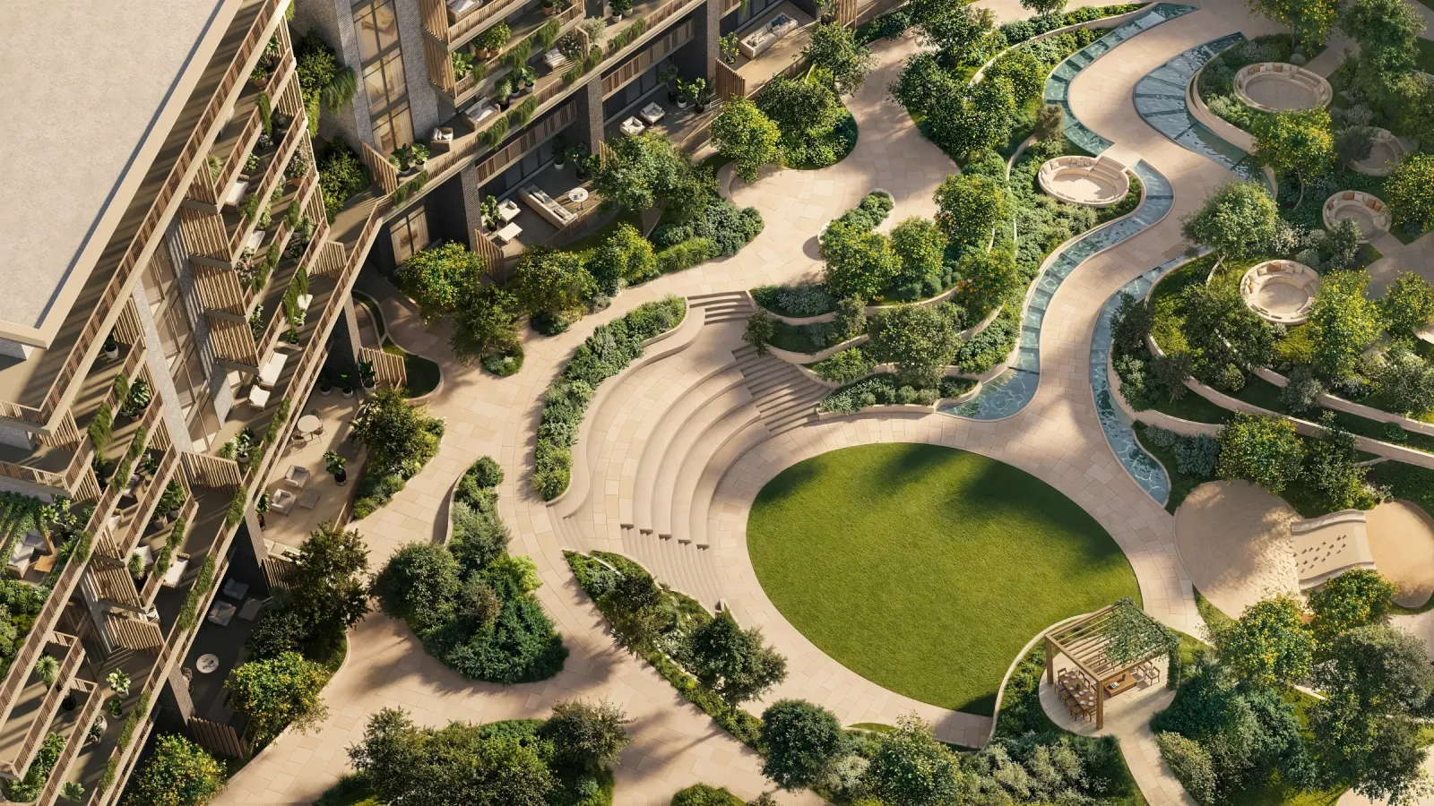 Arancia Yards: Overhead courtyard view with curved paths and a sunken lawn; official developer rendering