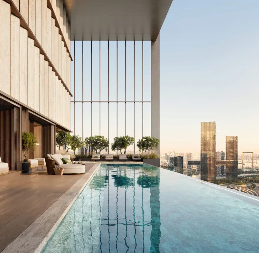 Jumeirah Residences Emirates Towers: Elevated infinity pool with Dubai skyline views; official developer rendering