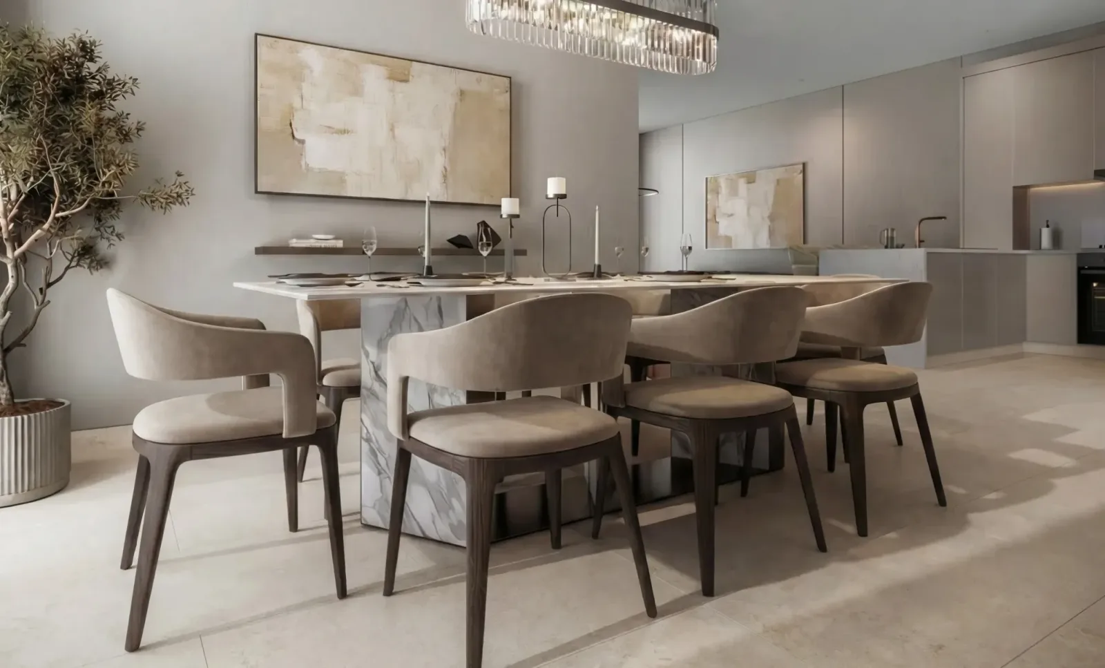 The Terraces at Sobha City: Illustrative dining room and kitchen; official developer rendering