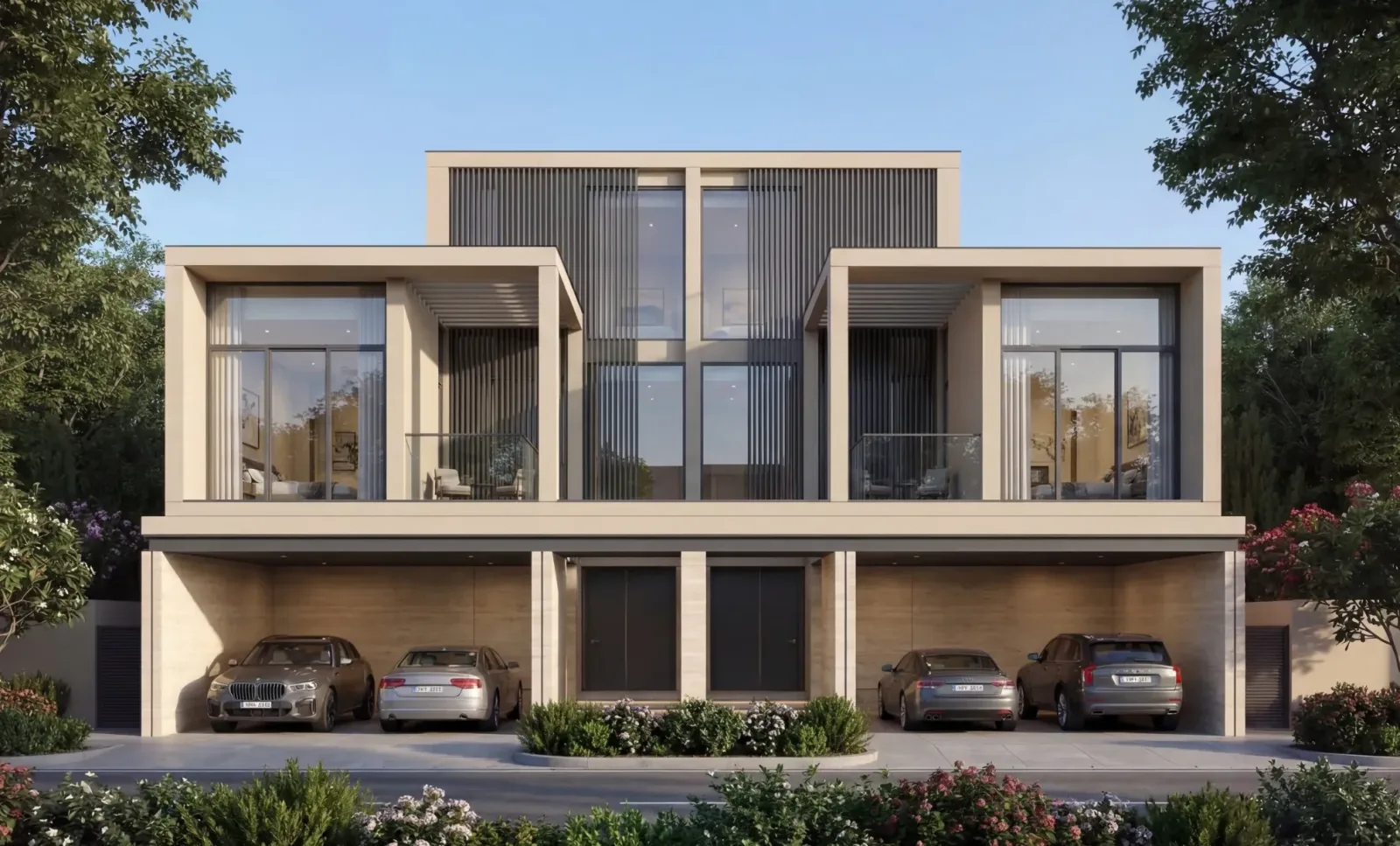 The Terraces at Sobha City: Villa frontage with covered parking; official developer rendering