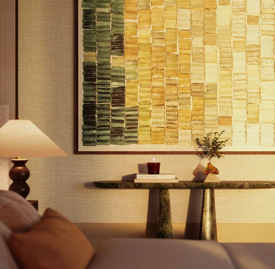 Solaya: Interior detail with textured artwork and a console table; official developer rendering