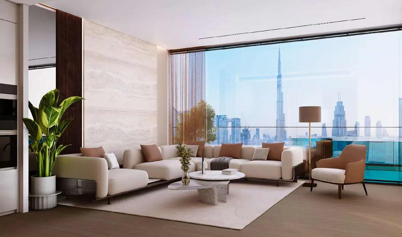 ONE by Binghatti: living room with panoramic city views — rendering