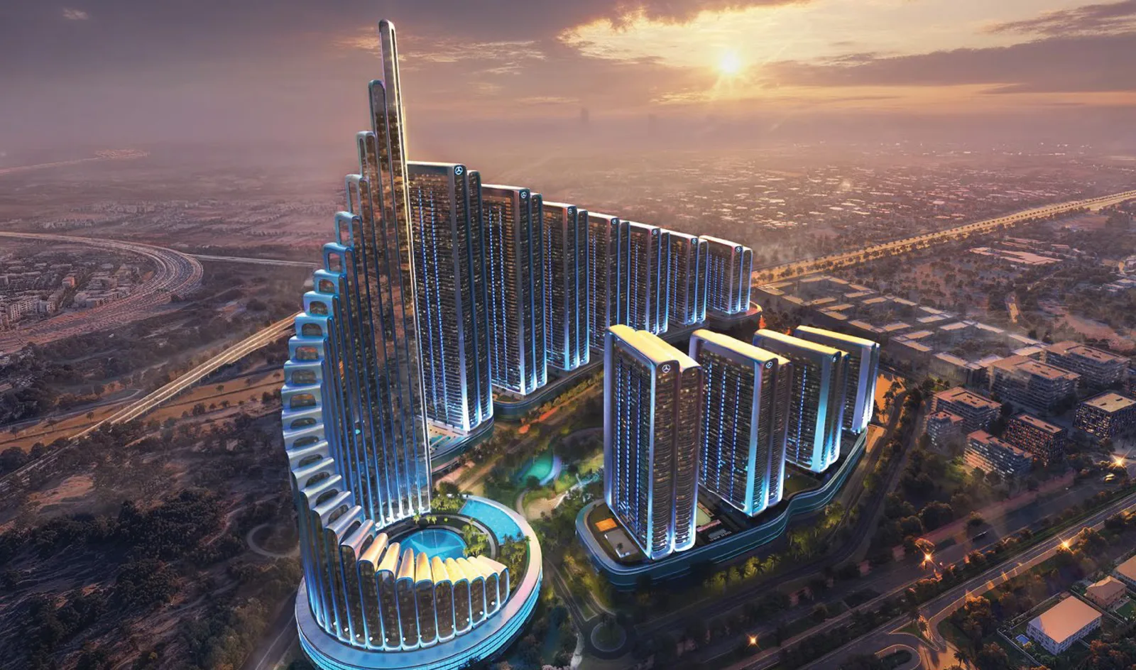 Mercedes-Benz Places Binghatti City: aerial view of the tower development and central landscaped area — rendering