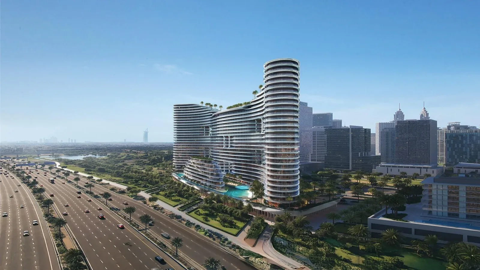 Binghatti Aquarise: Curved residential building and surrounding streets; official developer rendering