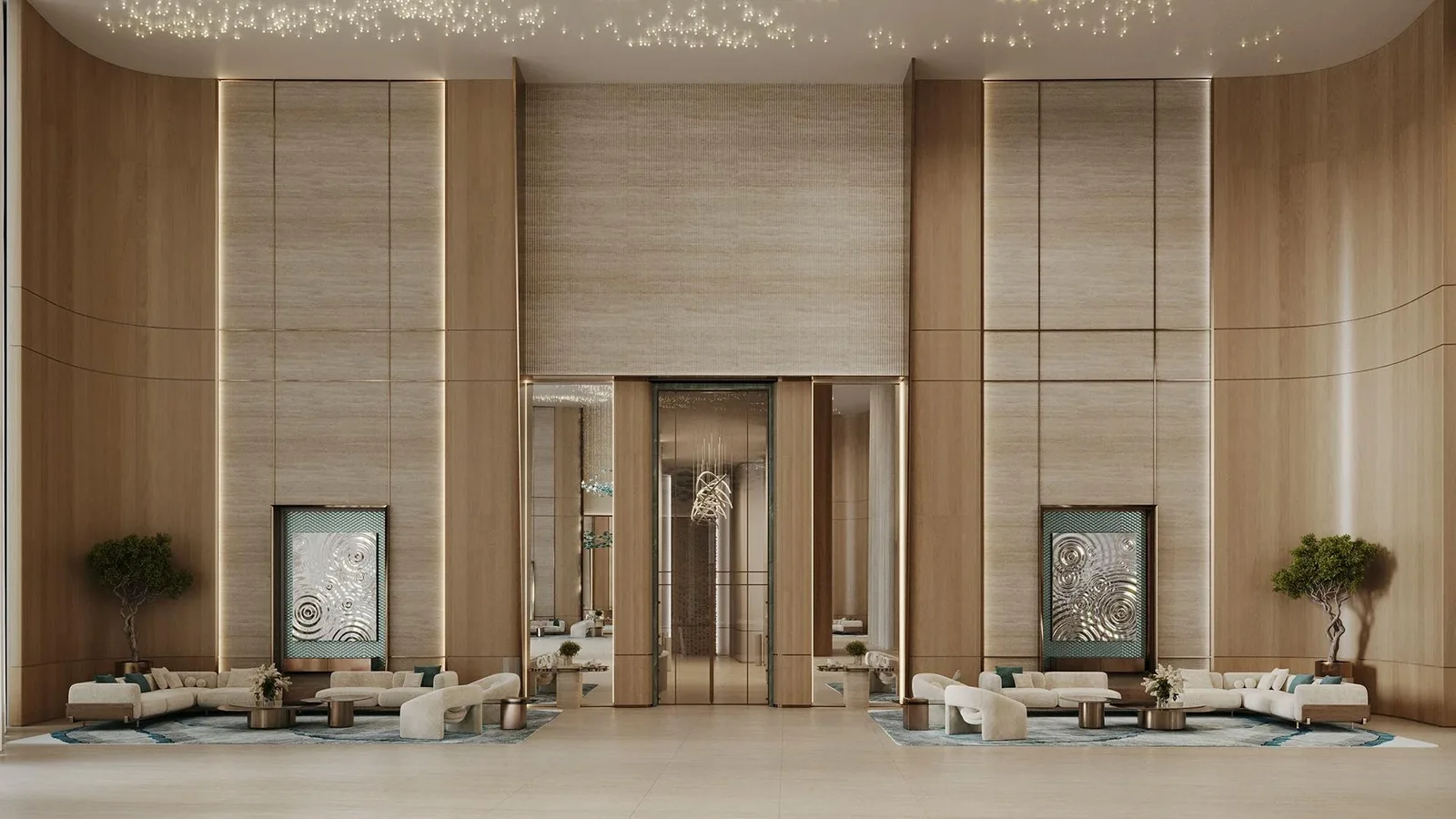 Binghatti Aquarise: Aquarise lobby interior; official developer rendering