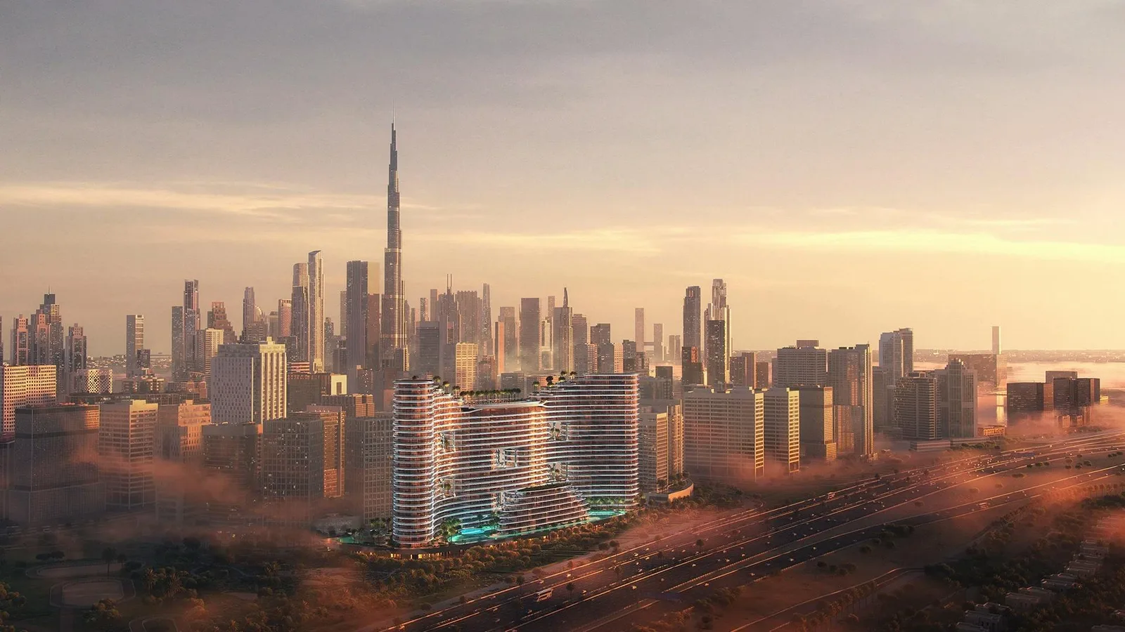Binghatti Aquarise: Aquarise skyline and distant Downtown Dubai at sunset; official developer rendering