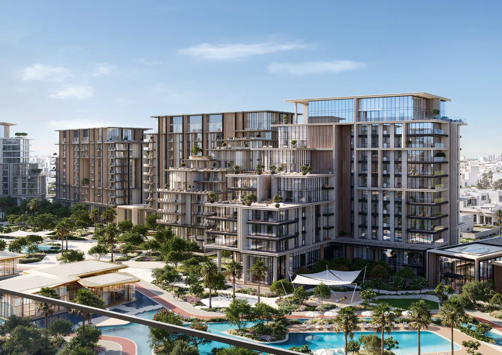 Crestlane 4 and 5 residences and landscaped water features; official developer rendering