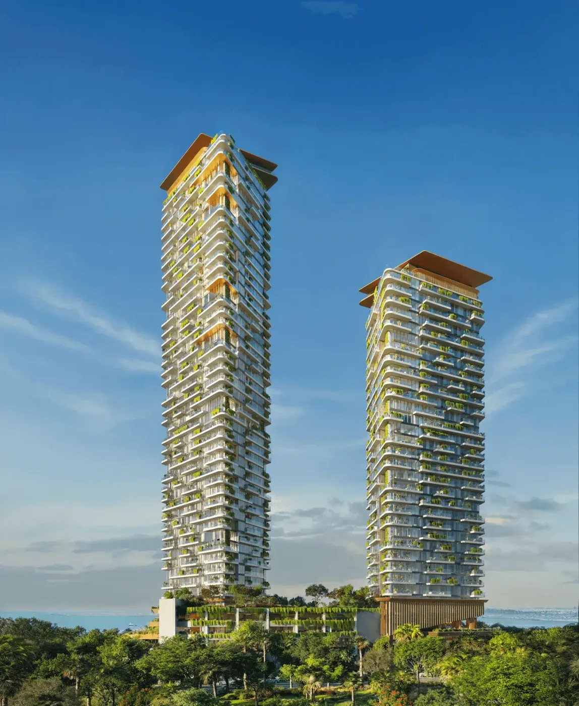 Two residential towers with planted balconies above a landscaped podium; official developer rendering