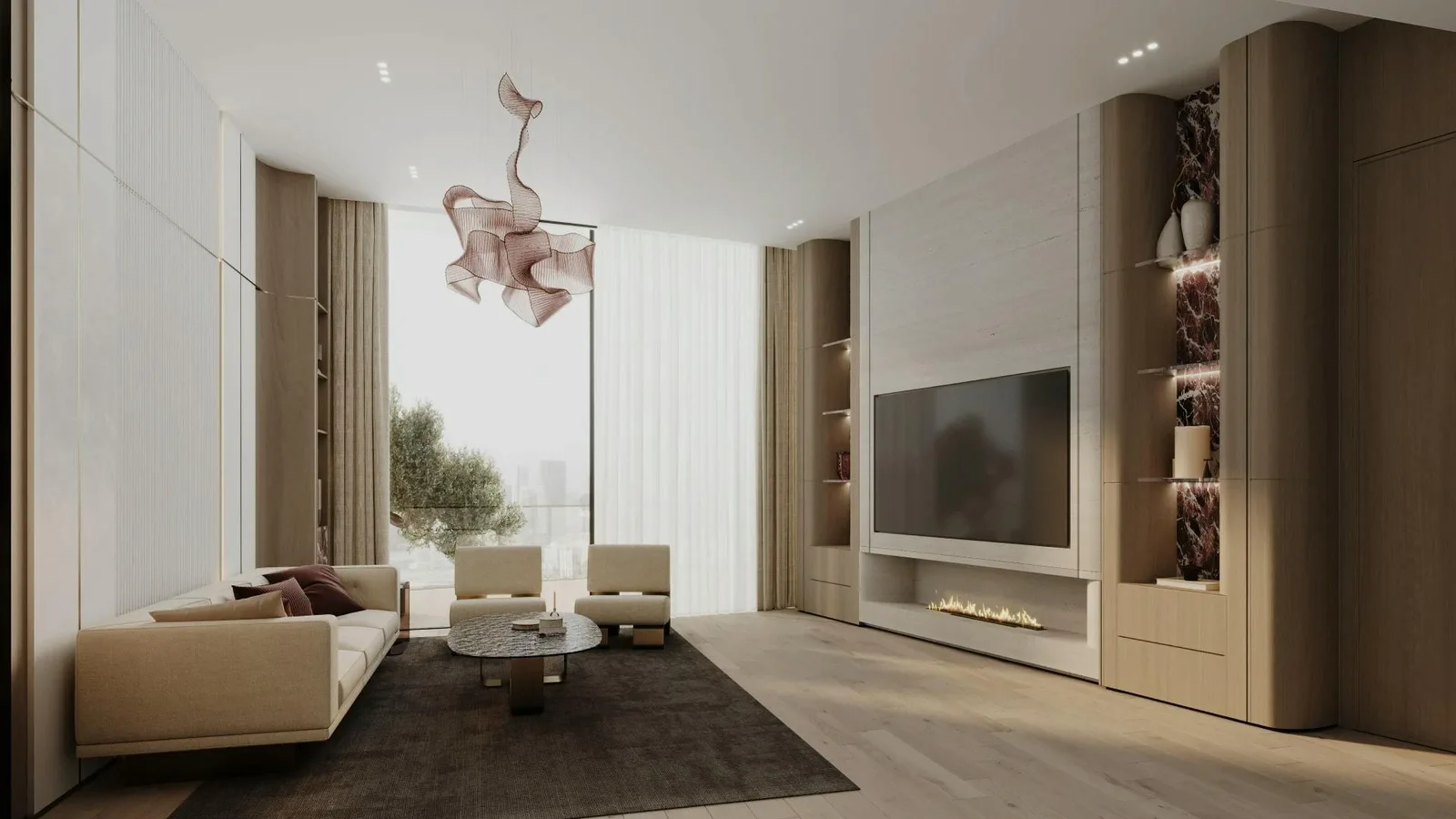 Binghatti Flare: Flare living room interior; official developer rendering