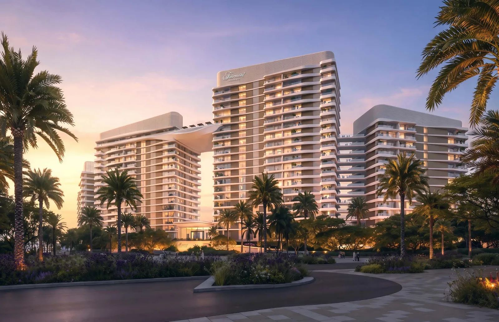 Fairmont Residences Al Marjan Island landscaped arrival at dusk; official Ardee rendering