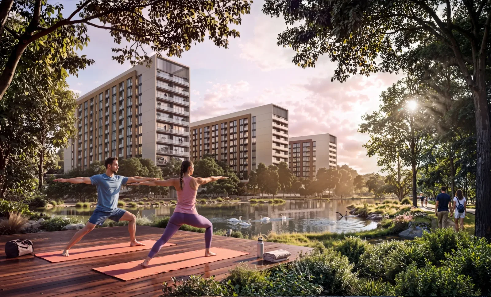 The Woods at Sobha Sanctuary: Residents beside the landscaped lake and apartment buildings; official developer rendering