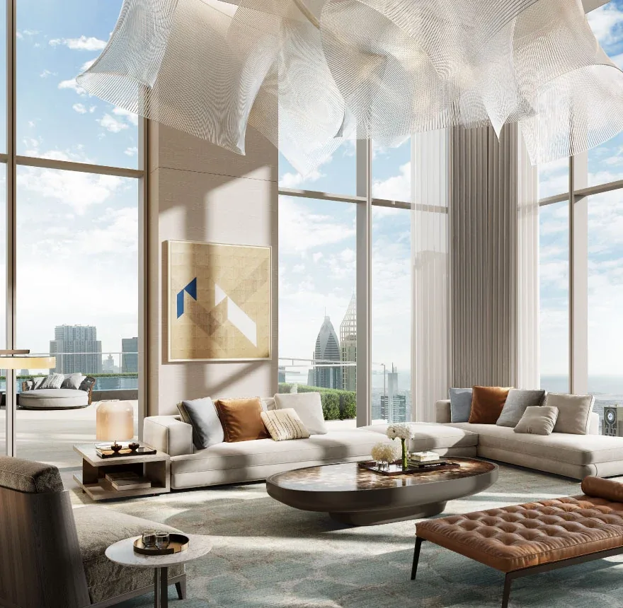 Jumeirah Residences Emirates Towers: Double-height living room with terrace and skyline views; official developer rendering