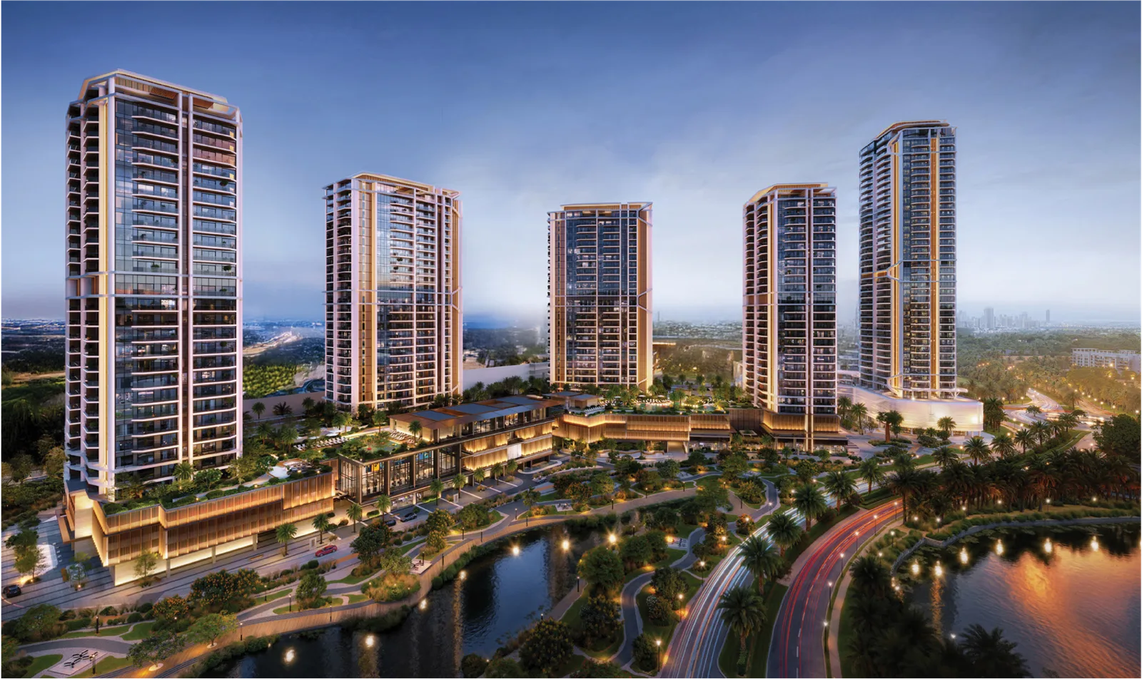 Eltiera Views: four towers around landscaped lakes at dusk — rendering