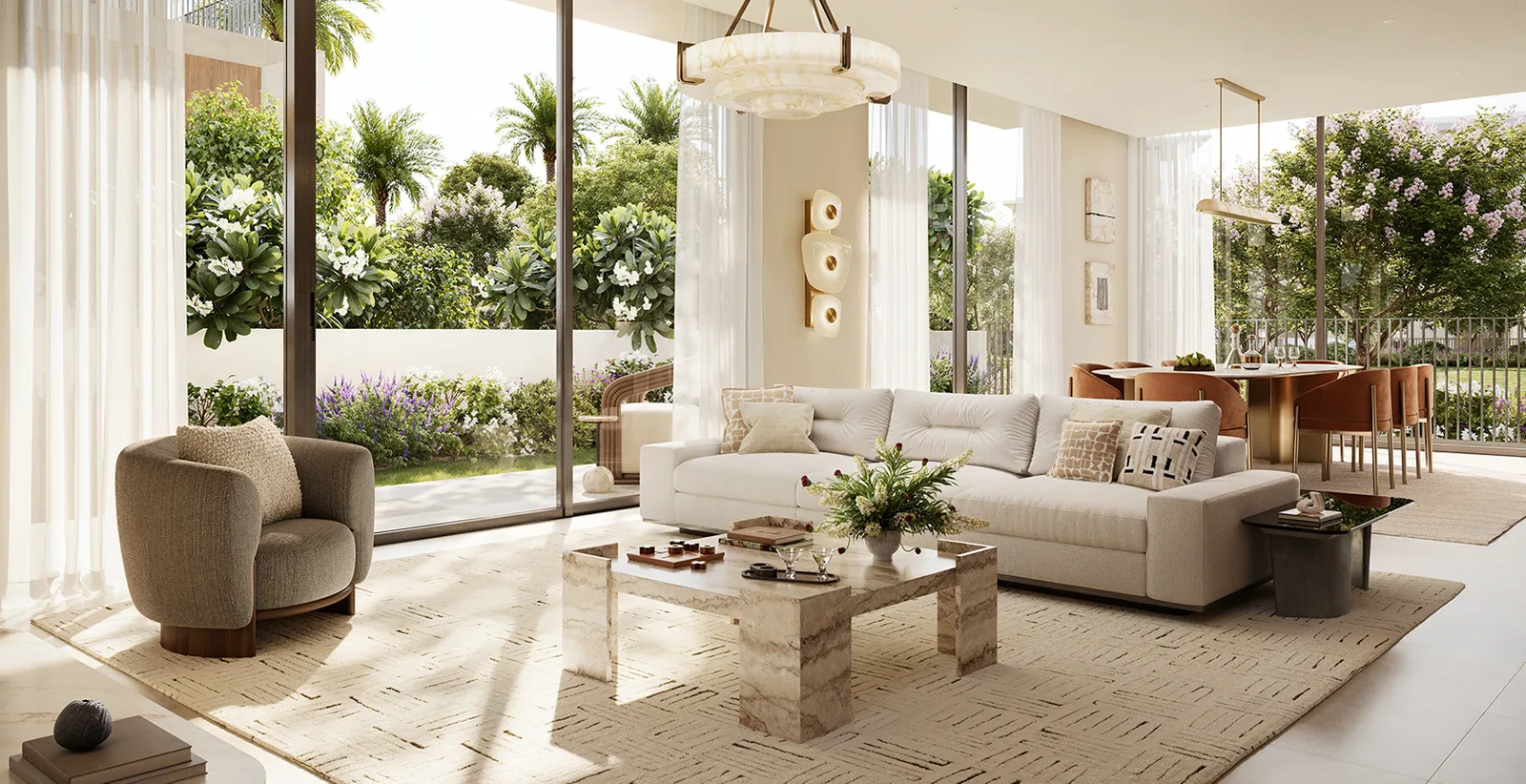 Selvara 4 living room opening onto a planted garden