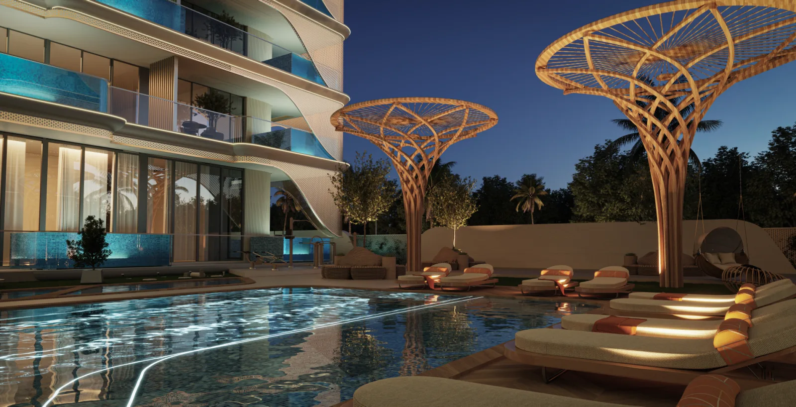 SAMANA Imperial Garden pool terrace beside curved residential facade