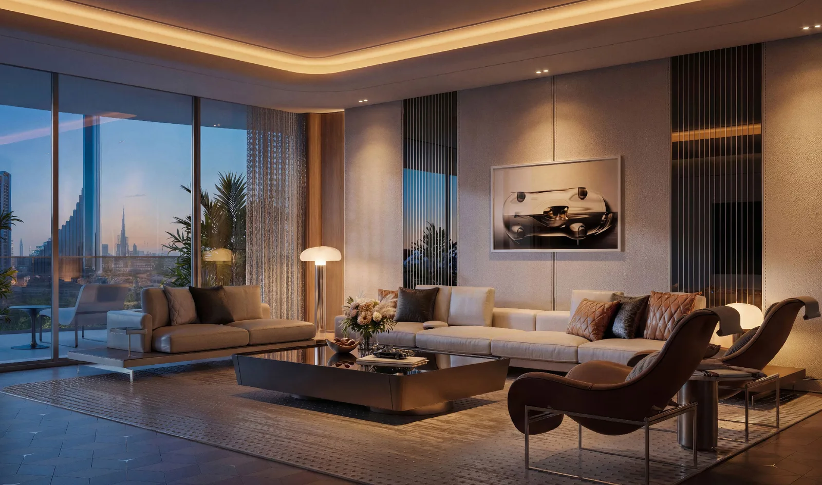 Mercedes-Benz Places Binghatti City: living room with warm ceiling lighting and tall windows — rendering