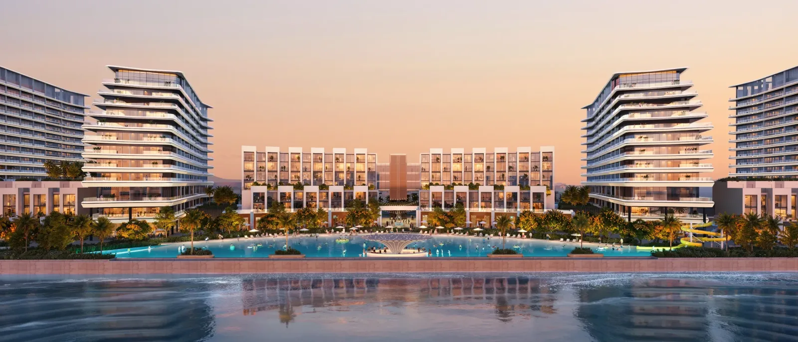 River Cove Residences at Sobha City: Waterfront residential buildings at sunset; official developer rendering