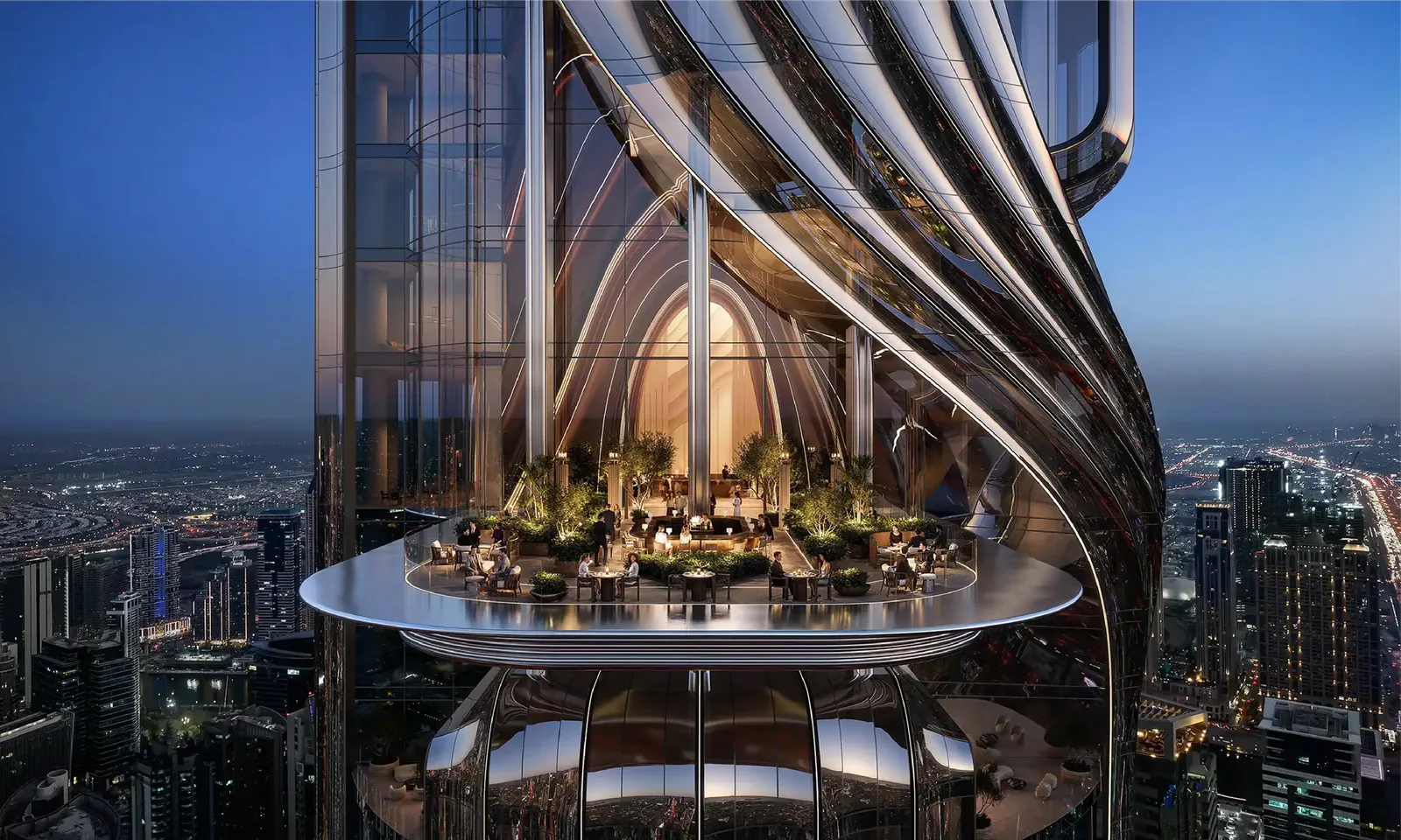 Lumena Alta: curved tower facade with a planted outdoor terrace at night — rendering