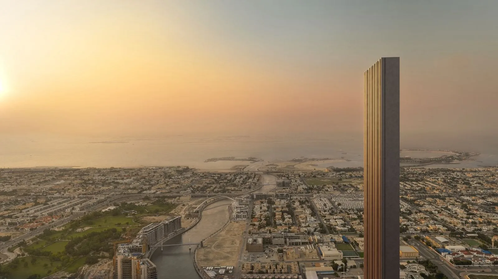 Muraba Veil: slender tower above the city at sunset — rendering