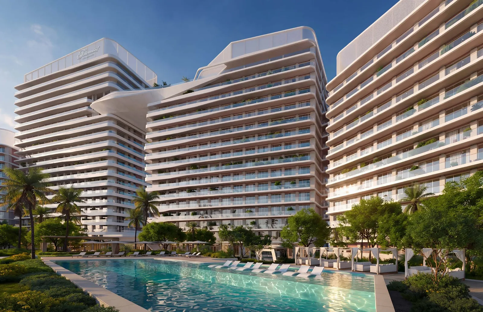 Fairmont Residences Al Marjan Island towers and landscaped pool; official Ardee rendering