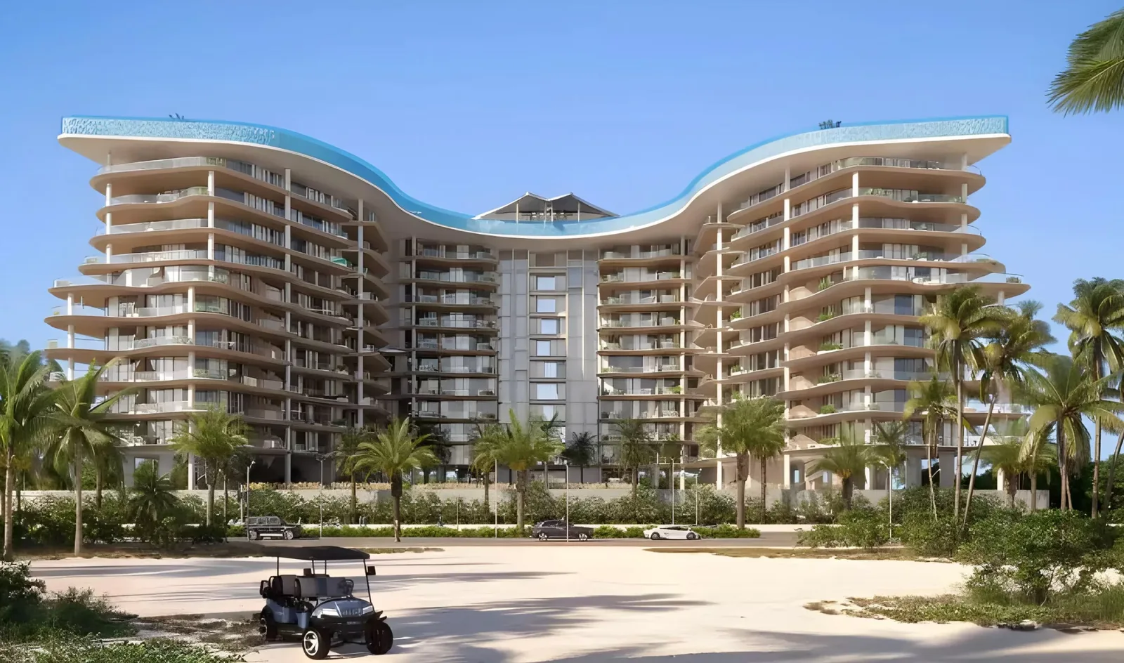 Manta Bay: broad curved residential facade viewed from landscaped grounds — rendering