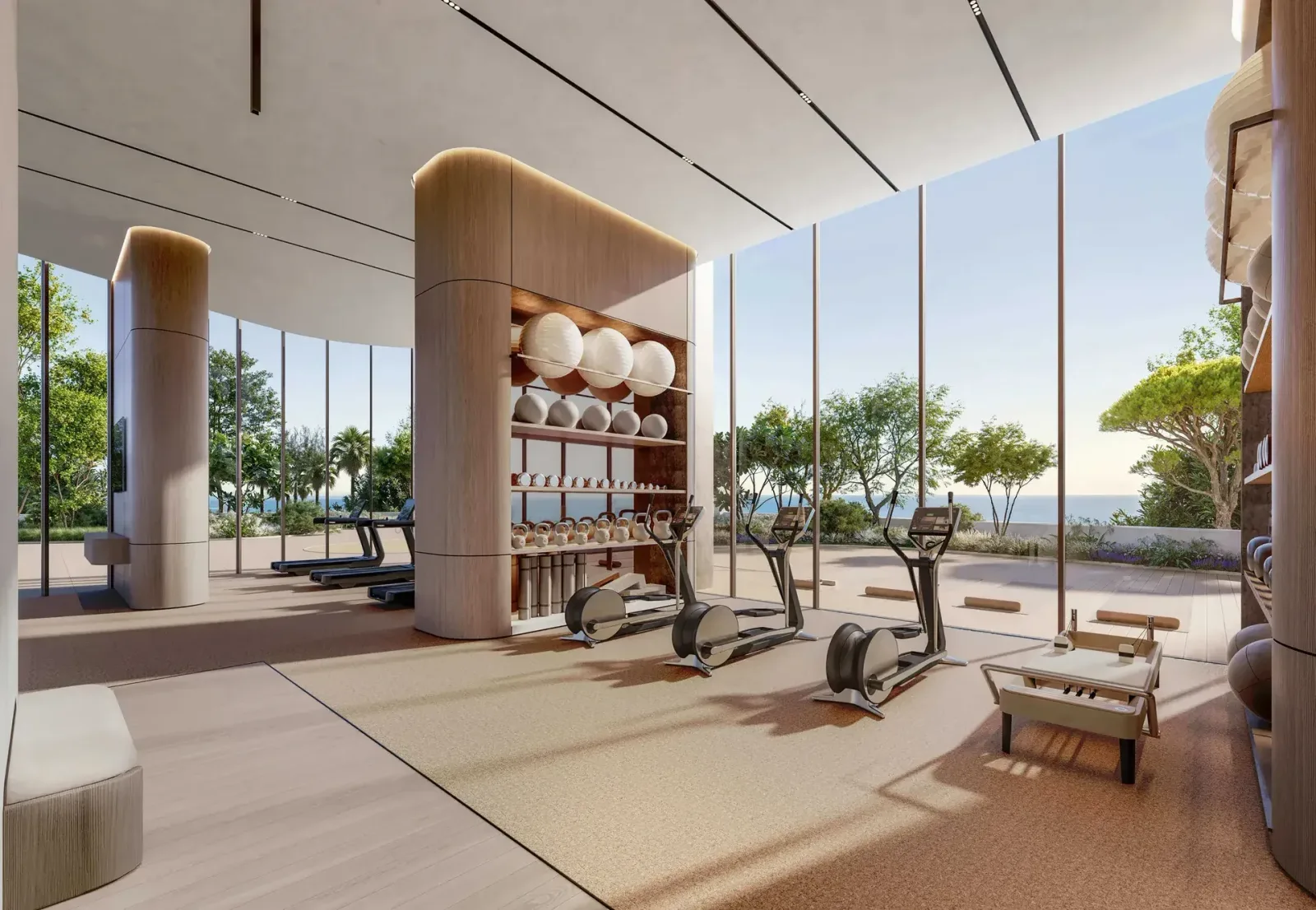 Fitness room with exercise equipment and full-height windows overlooking greenery; official developer rendering