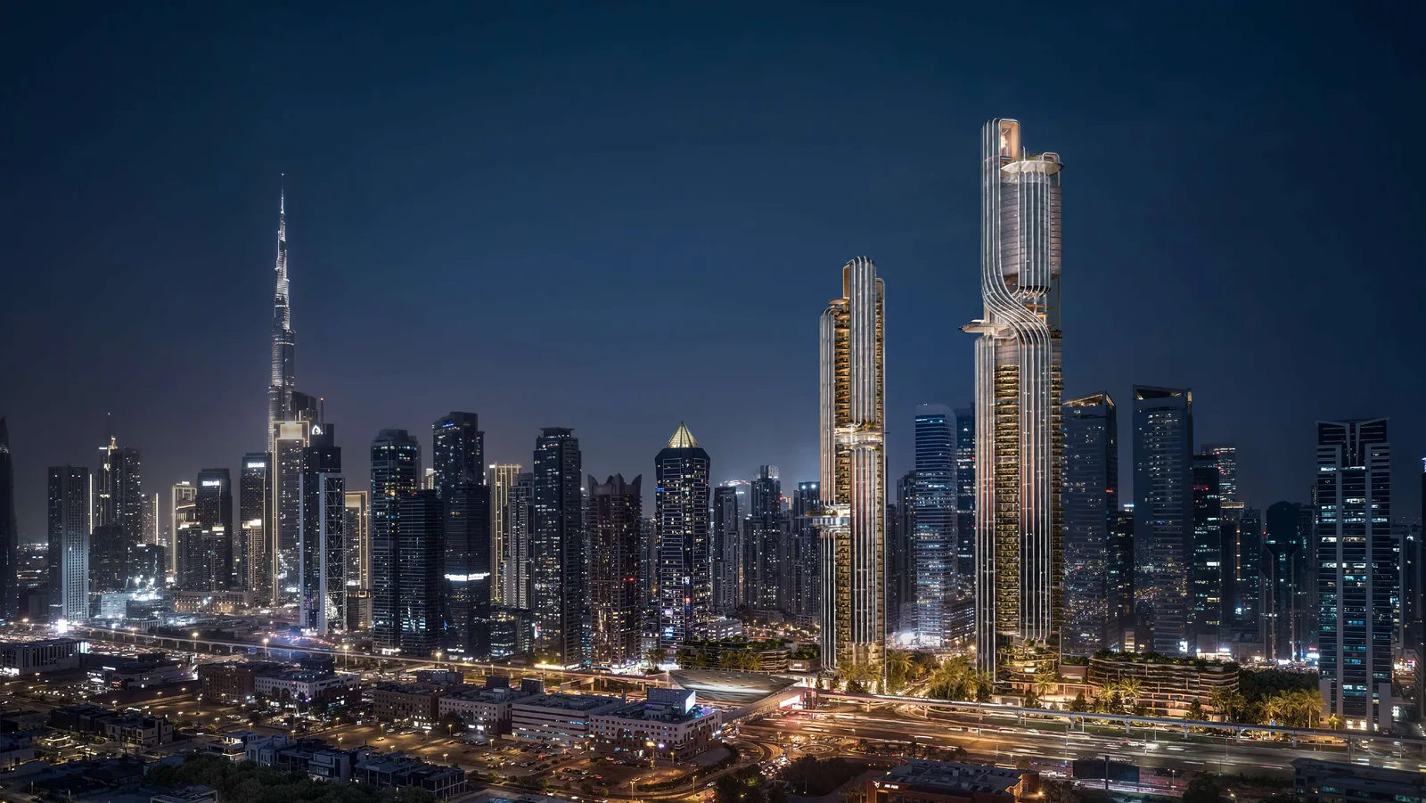 Lumena Alta tower in the Business Bay skyline at night; developer-branded rendering