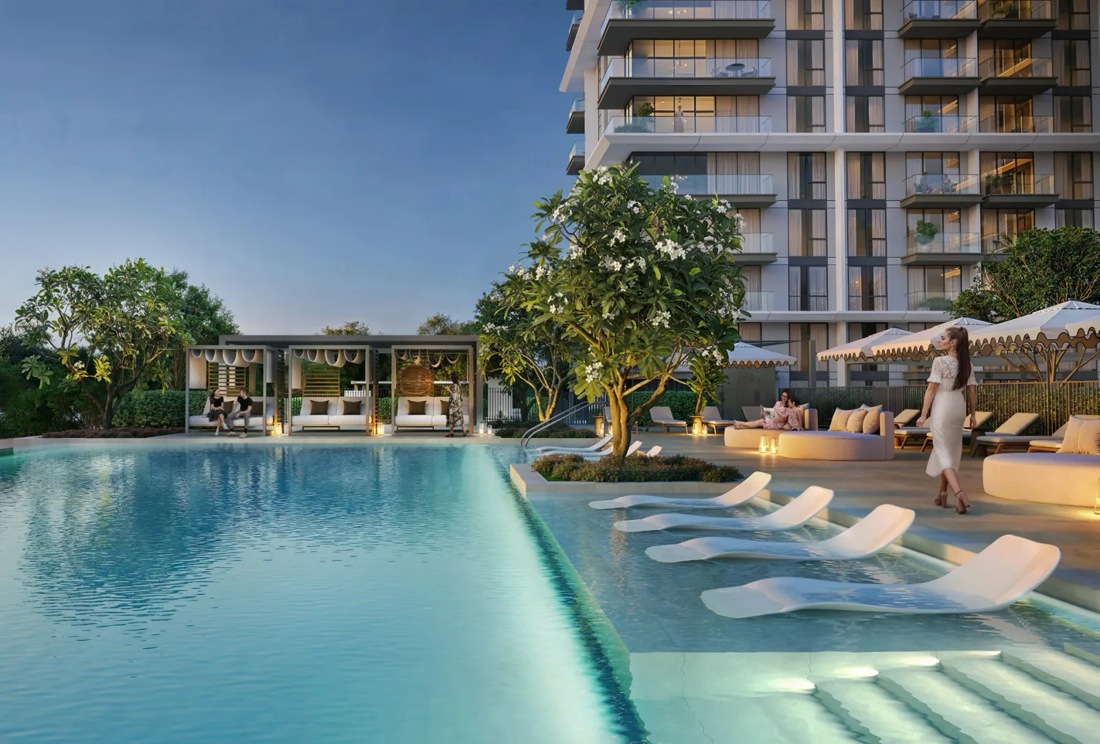 Palace Residences Hillside: pool and sun loungers beside the residences — developer rendering