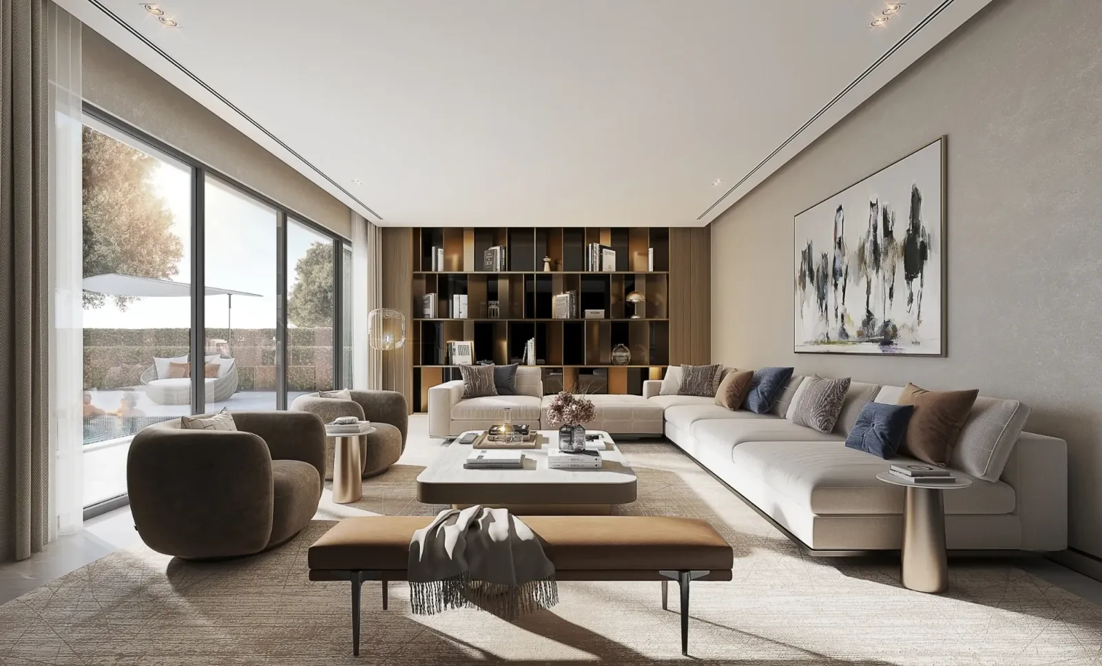The Grove at Sobha Sanctuary: Illustrative villa living room with large windows and garden outlook; official developer rendering
