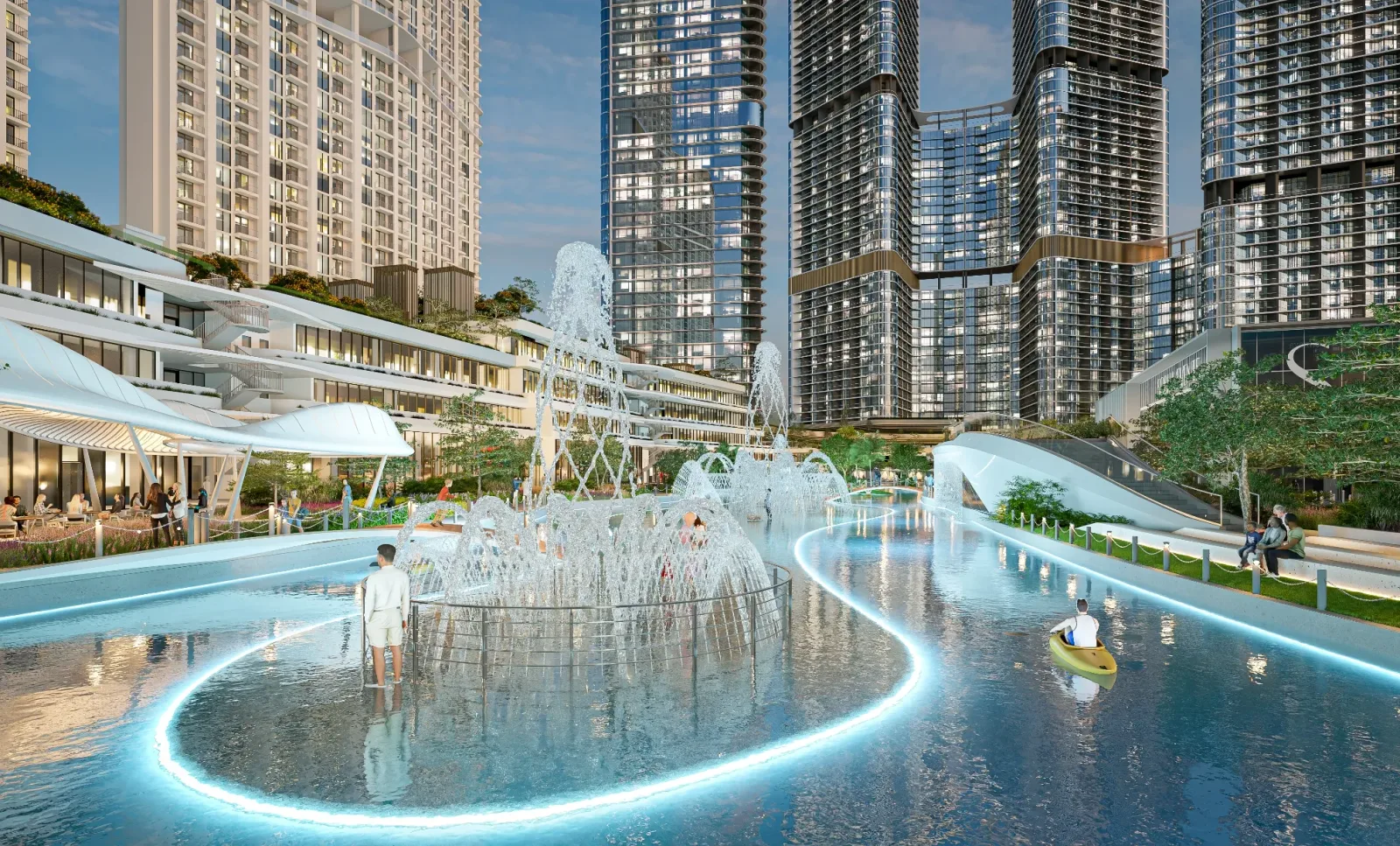Skyvue Stellar landscaped water feature and residential towers; official developer rendering