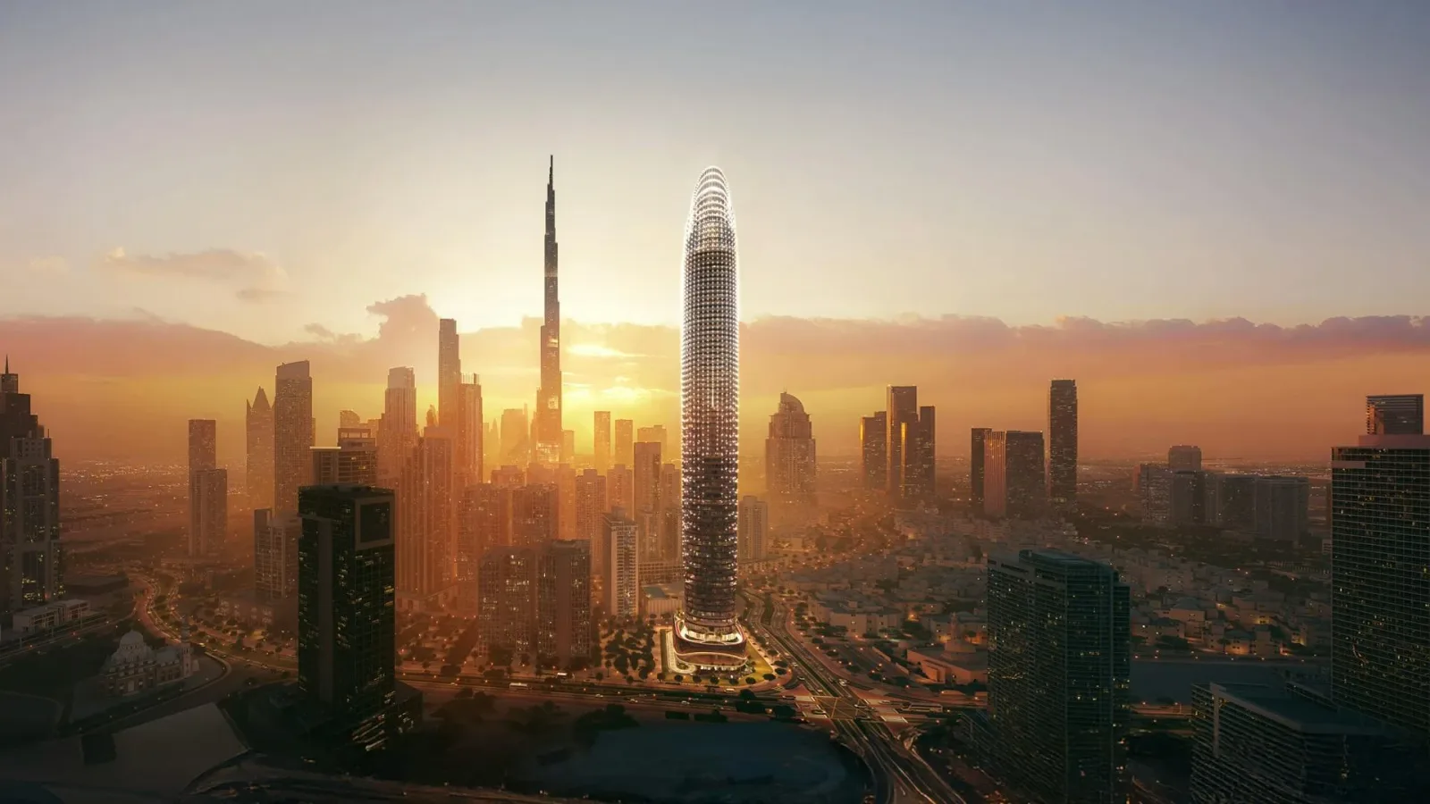 Binghatti Skyblade: Tower and Downtown Dubai skyline at sunset; official developer rendering
