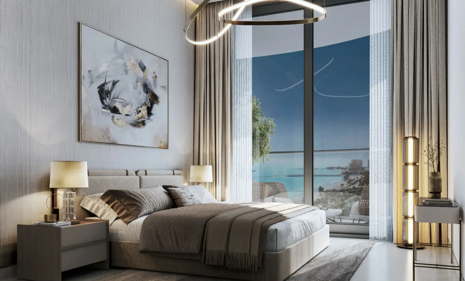 Bedroom with full-height windows and a furnished balcony; official developer rendering