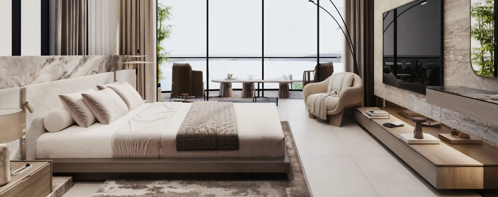 AMRA Residences: furnished bedroom with balcony; official developer rendering