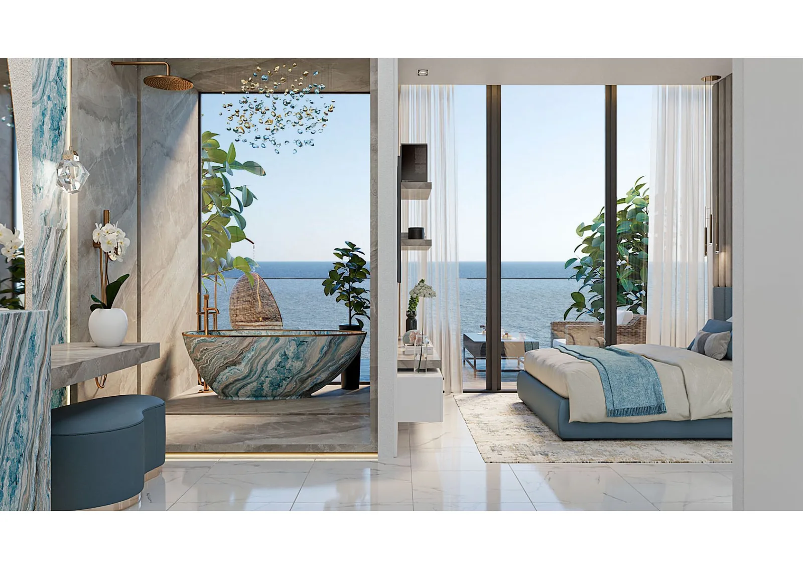 Manta Bay: bedroom opening onto a sea-facing balcony — rendering