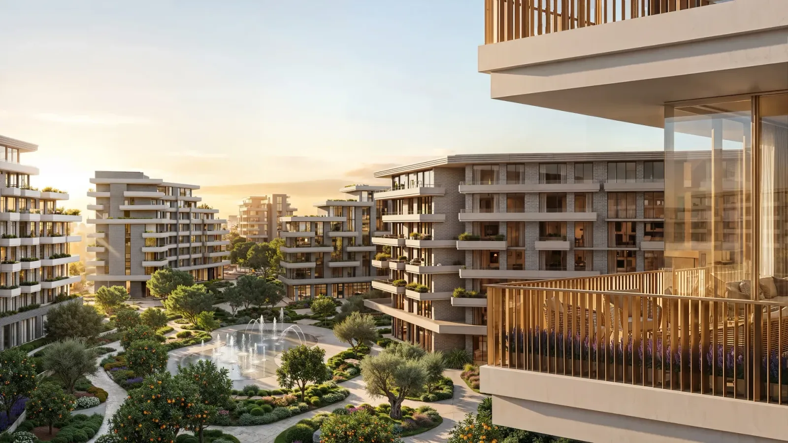 Arancia Yards: Balcony overlooking landscaped gardens and fountains; official developer rendering