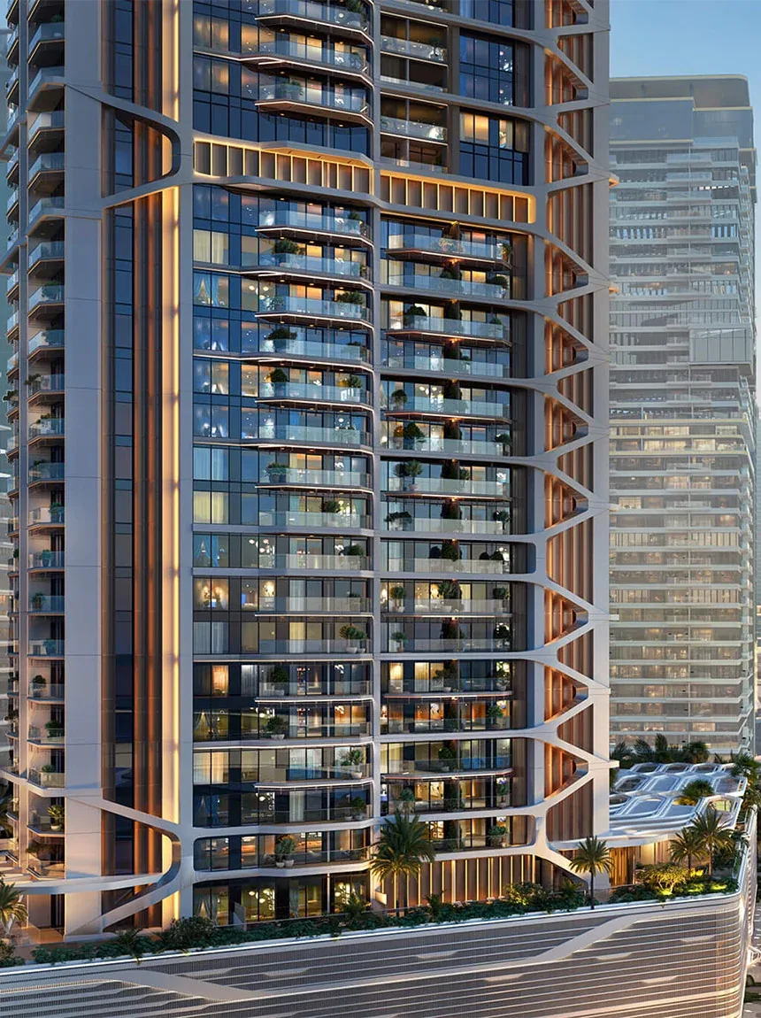 Eltiera Heights: residential tower facade and balconies — architectural rendering