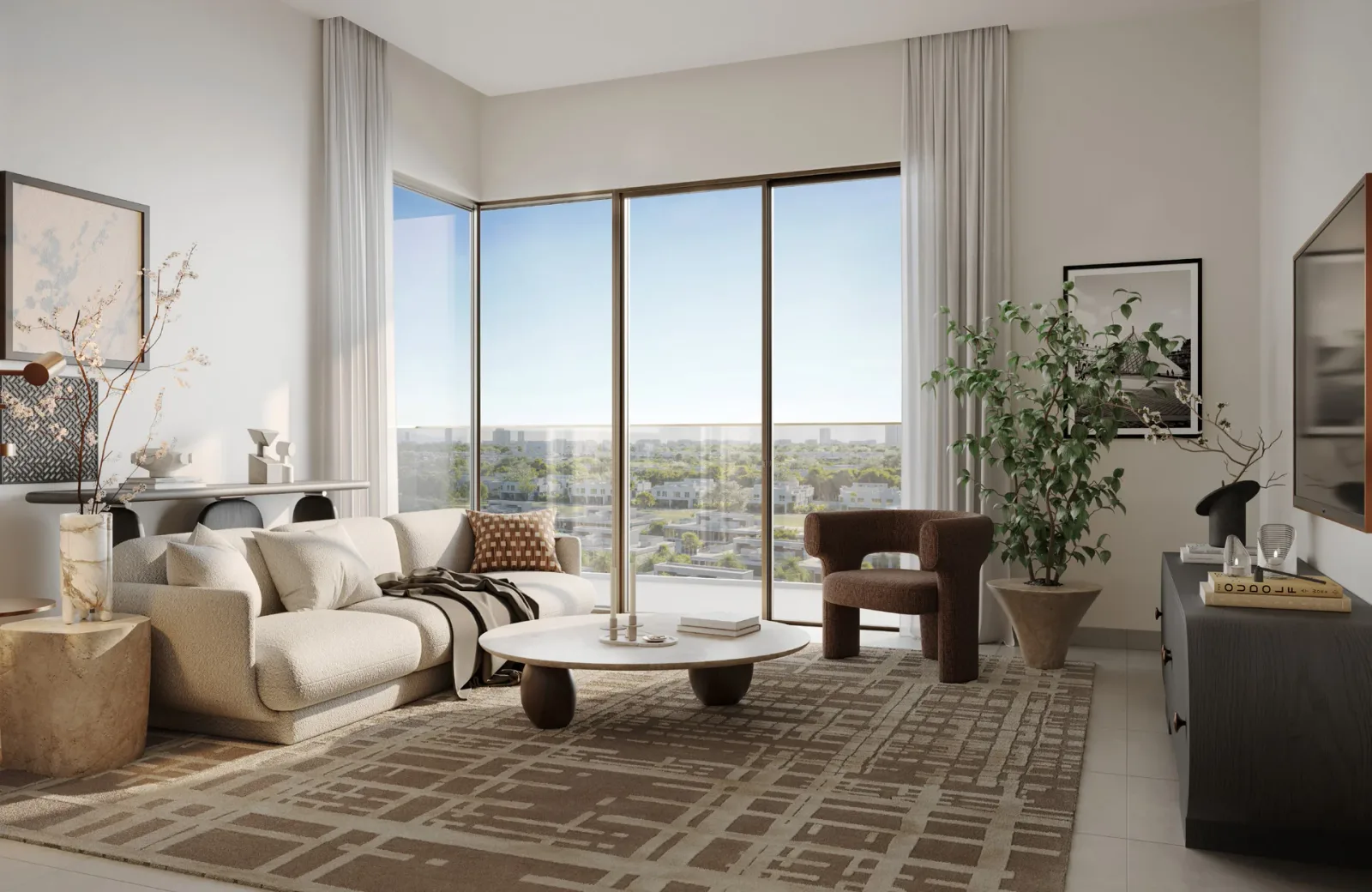 Rosehill: living room with full-height windows — developer rendering