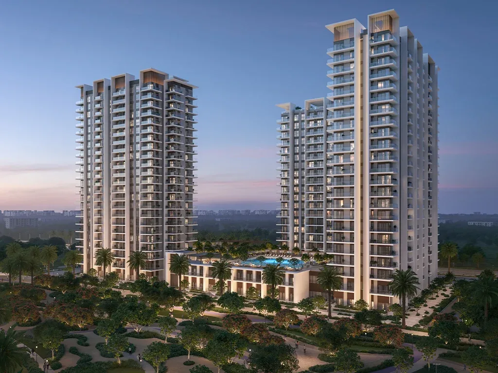 Rosehill: residential towers and landscaped podium — architectural rendering
