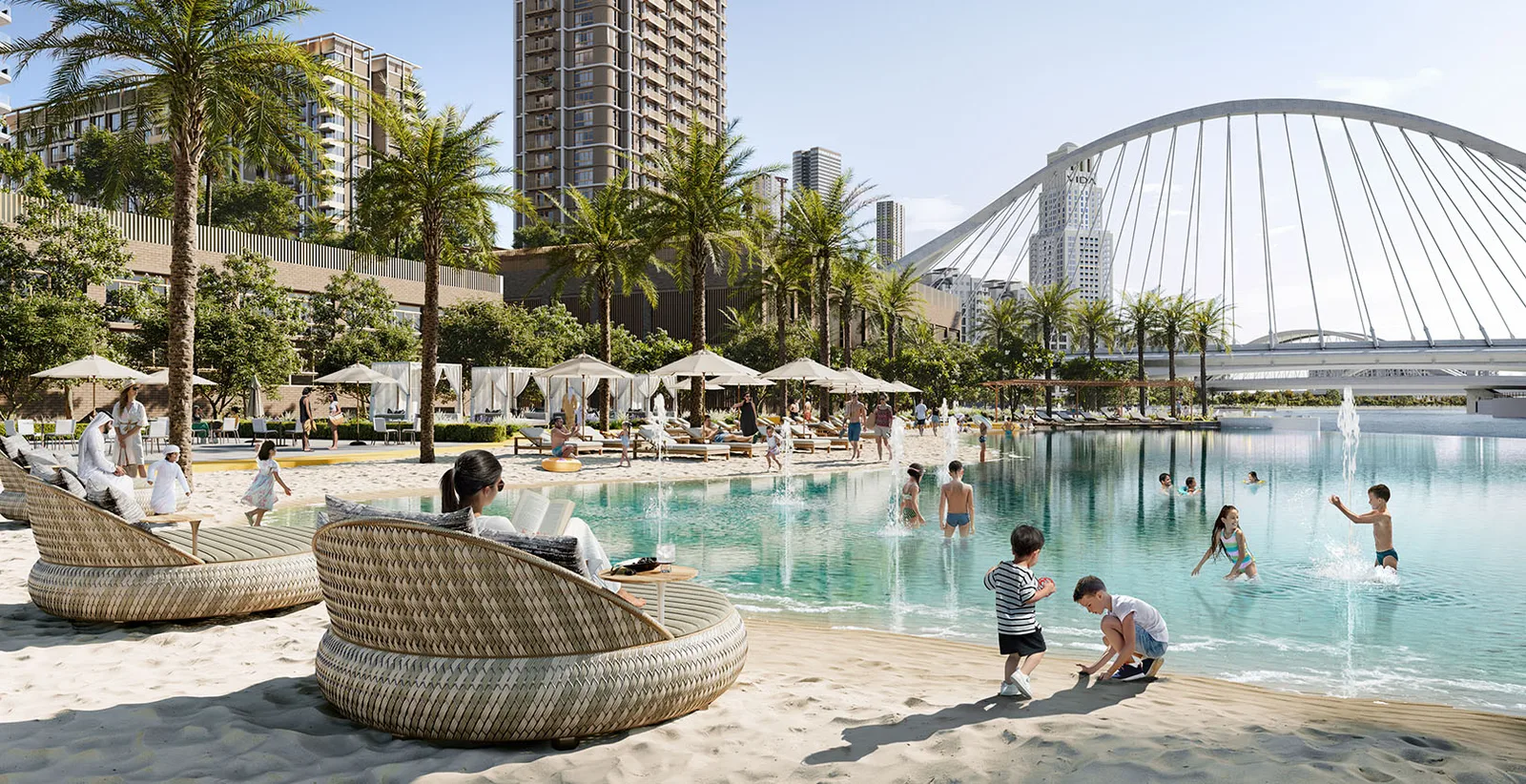 Dubai Creek Harbour shared lagoon and bridge — community illustration