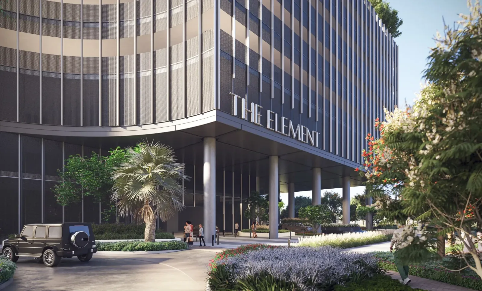 Landscaped arrival court beneath The Element entrance signage; official developer rendering