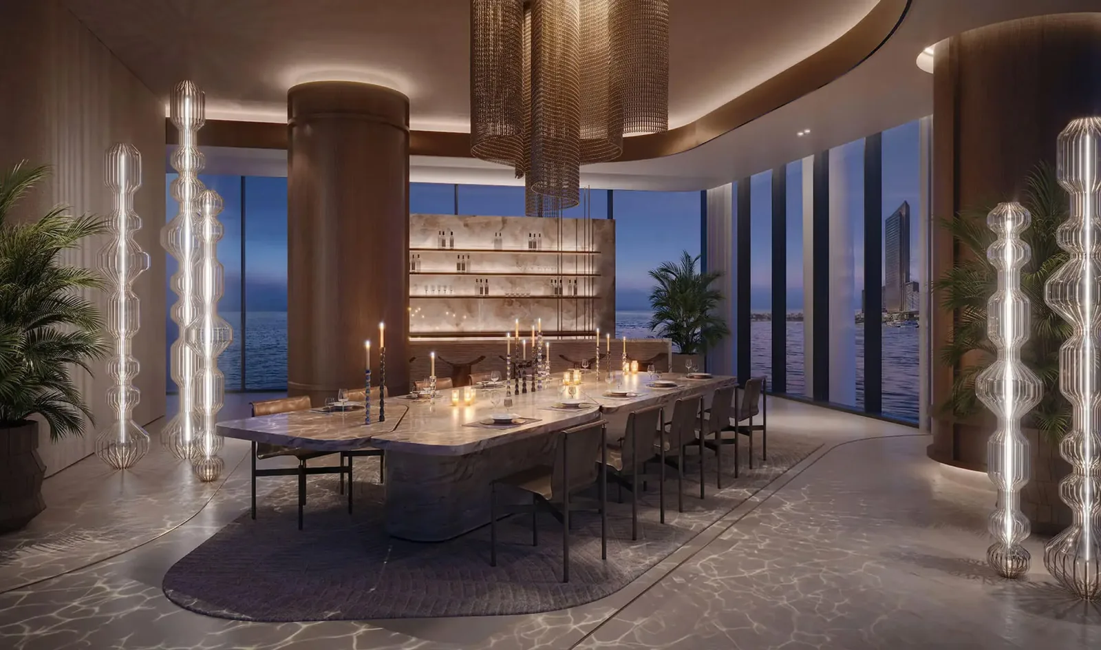 Costa Mare: dining space with reflective columns and pendant lighting — rendering