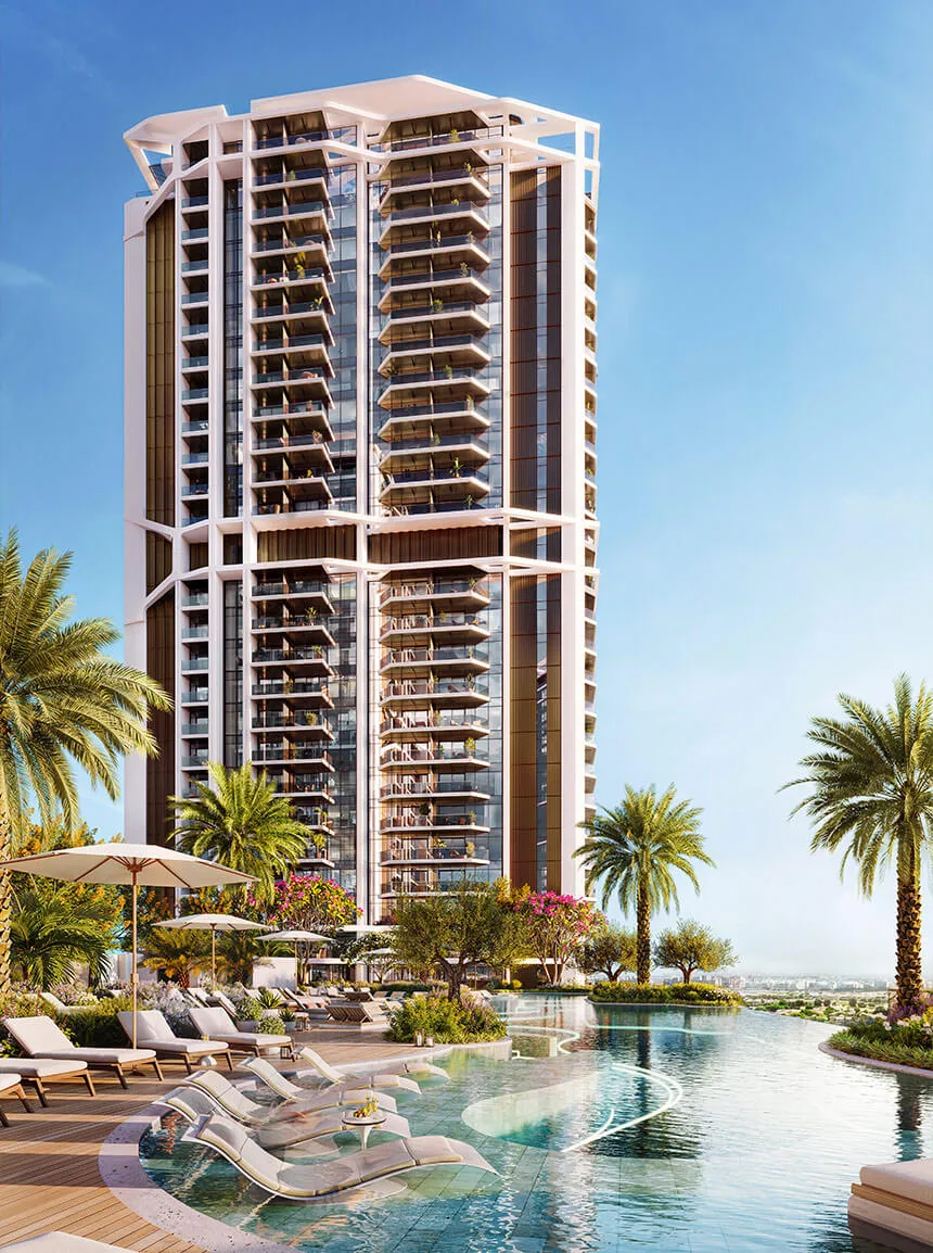 Portrait view of the Eltiera Views towers and pool