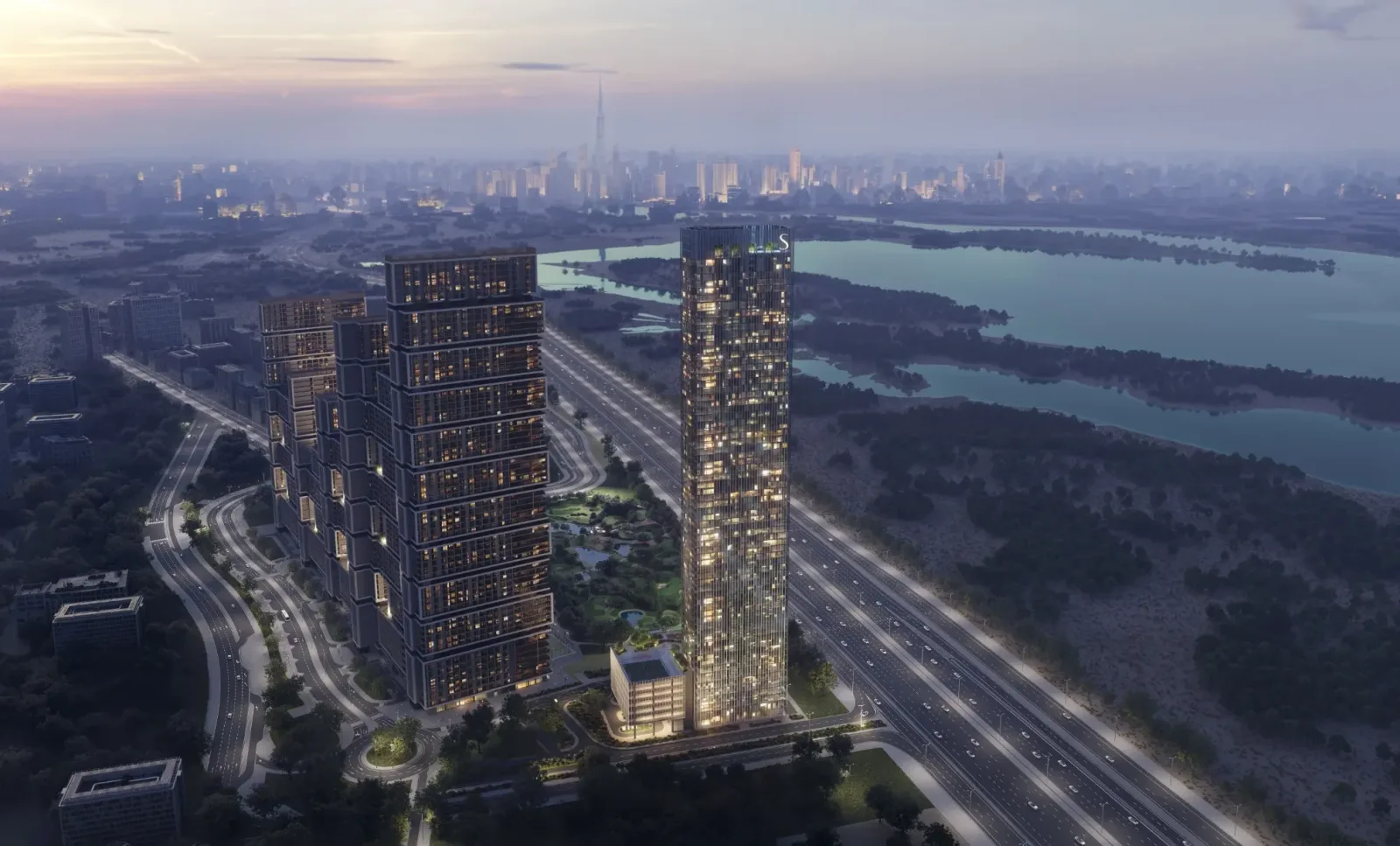 Aerial dusk view of The Element towers and surrounding waterways; official developer rendering